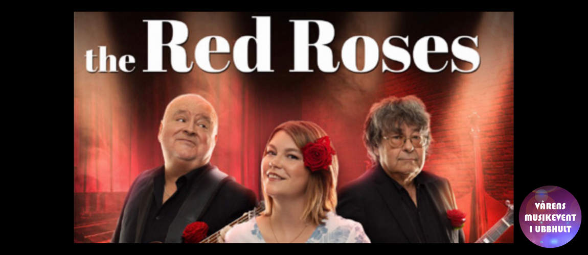 Två män och kvinna med ros i håret framför röd bakgrund.